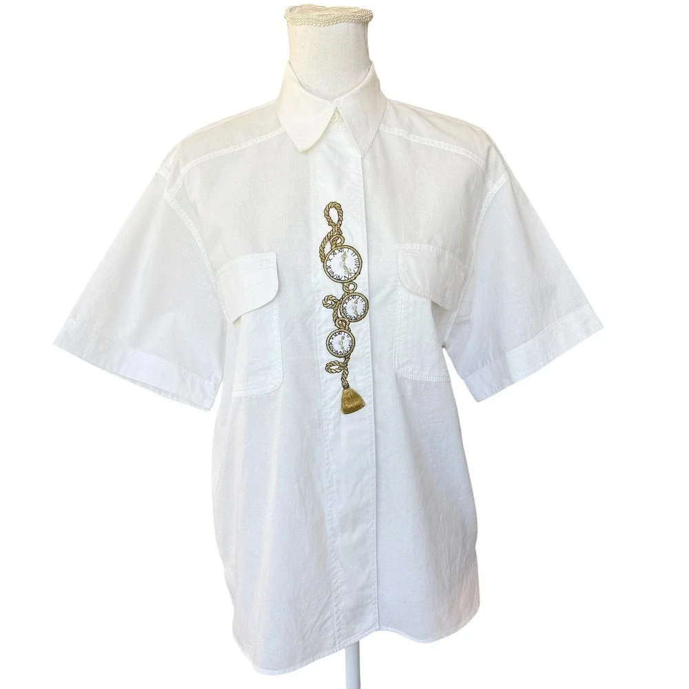 Vintage Gottex‎ White Short Sleeve Button Up Shirt Pocket Watch Embroidery L